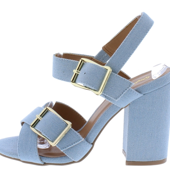 Denim Strappy Buckle Heels - Picture 2 of 2